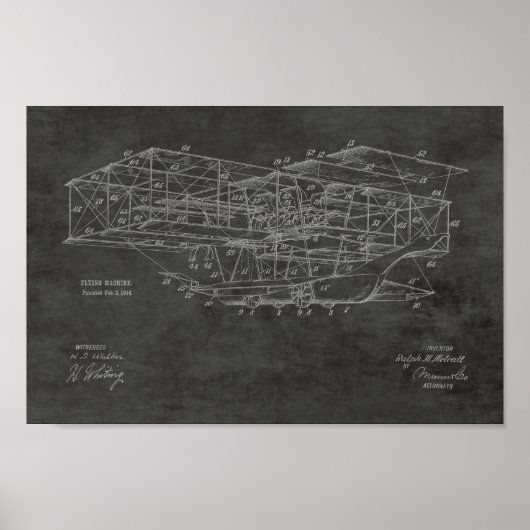 1914年飛んでいる機械飛行機特許スケッチ ポスター (正面)