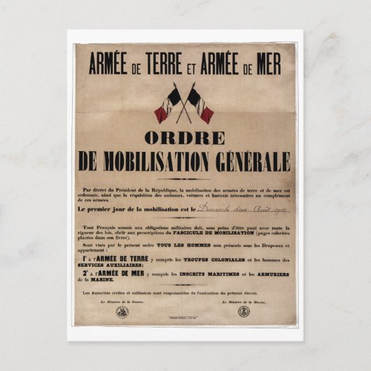 1914年8月1日のフランスの動員 ポストカード (正面)