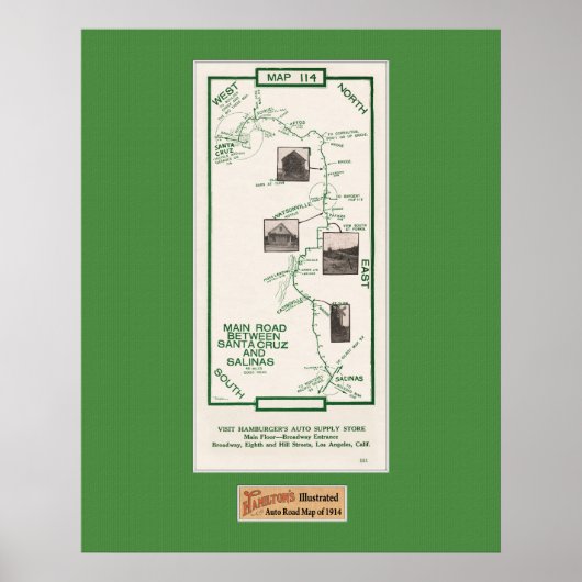 1914 Map, Santa Cruz to Salinas, Green Mat ポスター (正面)