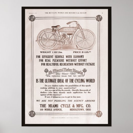 1915マイアミモーターサイクルアド ポスター (正面)