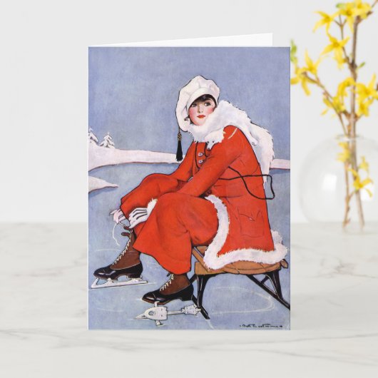 1916ヴィンテージファッショナブル女性アイススケーター カード (黄色い花)