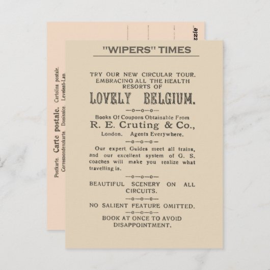 1916年のWipers Timesからのファクシミリ抽出 ポストカード (正面/裏面)