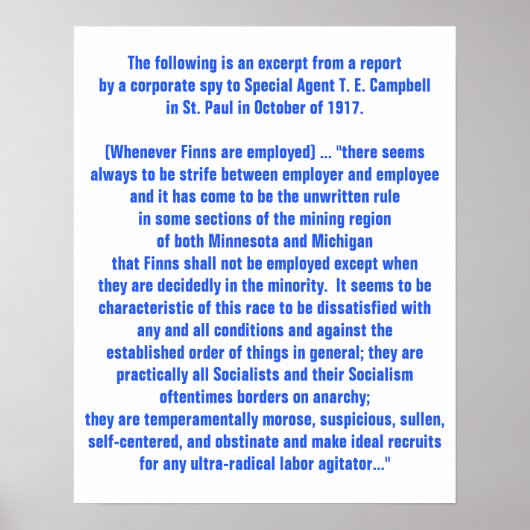 1917年の米国フィンランド労働問題に関する報告書 ポスター (正面)
