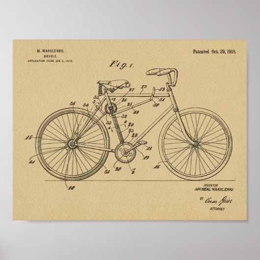 1918チェーンレス自転車デザイン特許プリント ポスター (正面)