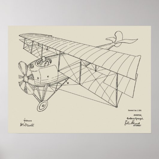1918 Biplane Airplane Patent Art Drawing Print ポスター (正面)