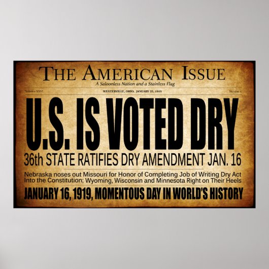 1919年の禁酒時代が始まる!見出し ポスター (正面)
