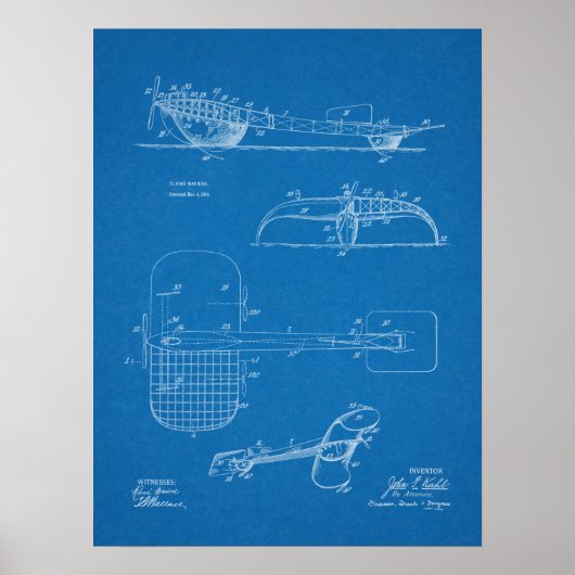 1919年飛んでいる機械水上機特許スケッチプリント ポスター (正面)