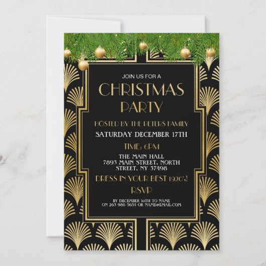 1920のクリスマスアールデコパーティー金ゴールドファン 招待状 (正面)