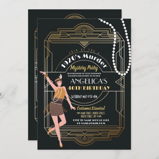 1920の殺人謎誕生日ディナーパーティーデコ 招待状 (正面/裏面)