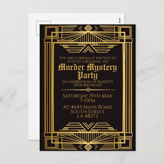 1920アートデコ殺人謎の誕生日パーティー招待状 シーズンポストカード (正面/裏面)