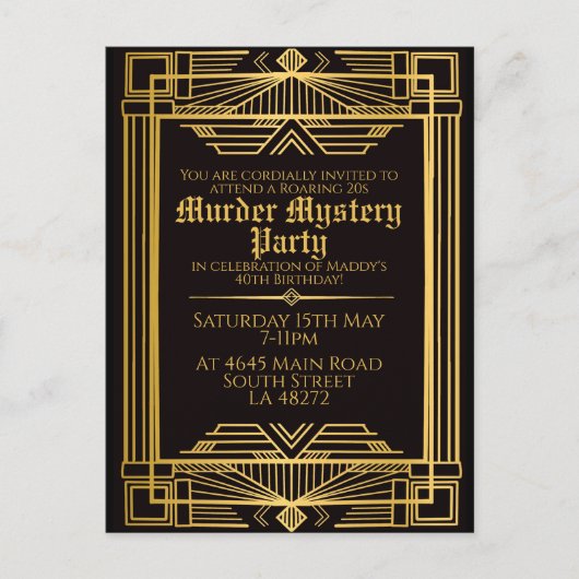 1920アートデコ殺人謎の誕生日パーティー招待状 シーズンポストカード (正面)