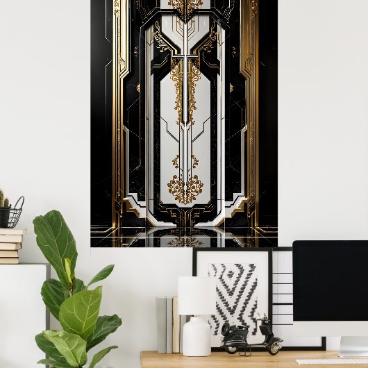 1920アールデコ幾何学的金ゴールドフレーム白黒 ポスター (ホームオフィス)