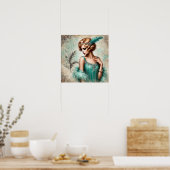 1920エレガント年代のターコイズのドレスのフラッパー女性 ポスター (キッチン)