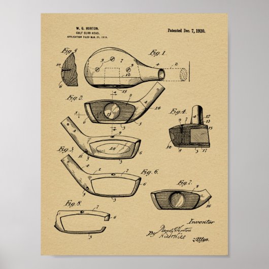 1920ゴルフクラブヘッドデザイン特許プリント ポスター (正面)