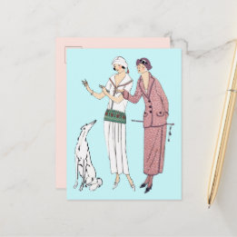 1920スタイリッシュ年代の女性2人と犬はがき ポストカード