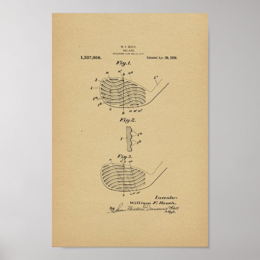 1920ヴィンテージゴルフクラブ特許アートプリント ポスター (正面)