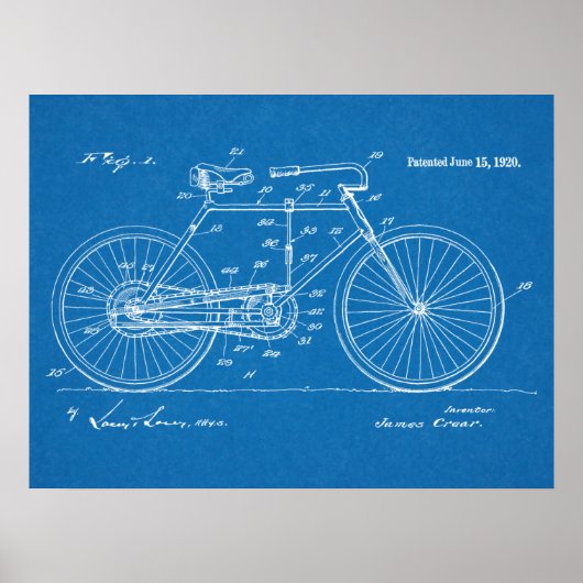 1920ヴィンテージ自転車特許ブループリントアートプリント ポスター (正面)