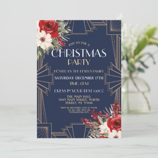 1920年のアールデコクリスマス招待状ギャツビー海軍金ゴールド 招待状 (スタンド正面)