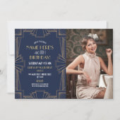 1920年のアールデコ誕生日ギャツビーパーティーネイビー写真 招待状 (正面)