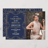 1920年のアールデコ誕生日ギャツビーパーティーネイビー写真 招待状 (正面/裏面)