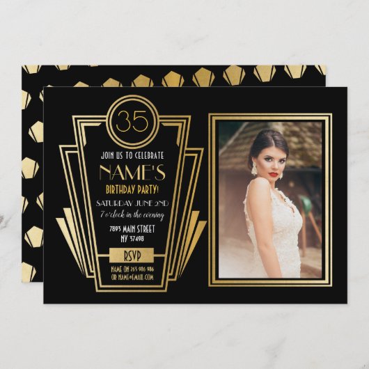 1920年のアールデコ誕生日パーティー写真招待状ギャツビー 招待状 (正面/裏面)