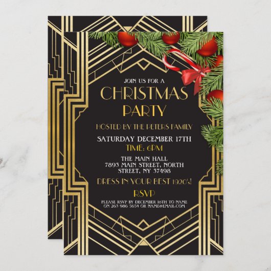 1920年のクリスマス·ギャツビー·パーティー·金ゴールド·アールデコX-Mas 招待状 (正面/裏面)