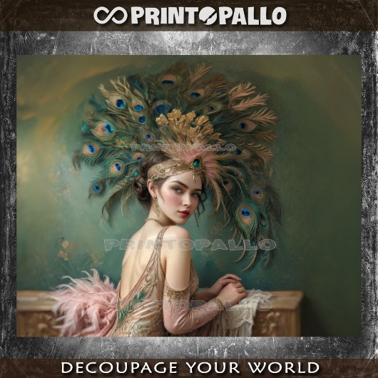 1920年のフラッパーの女の子と巨大な孔雀の羽帽子 薄葉紙