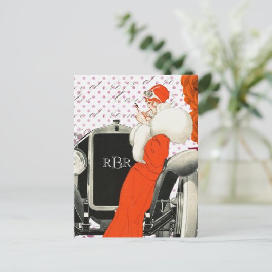 1920年のヴィンテージパリのモデルと車画像 ポストカード (スタンド正面)