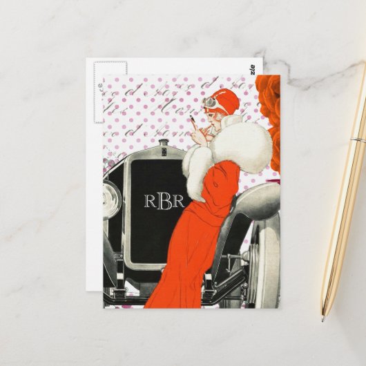 1920年のヴィンテージパリのモデルと車画像 ポストカード (正面/裏面インサイチュ)