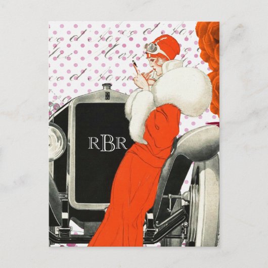 1920年のヴィンテージパリのモデルと車画像 ポストカード (正面)