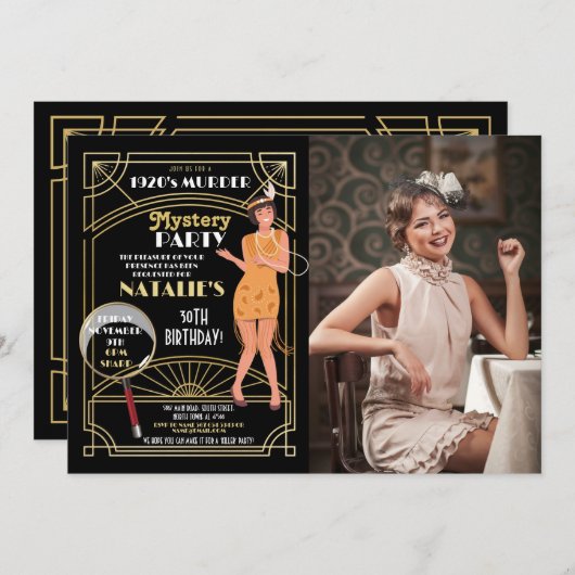 1920年の殺人事件の謎誕生日写真パーティーデコ 招待状 (正面/裏面)