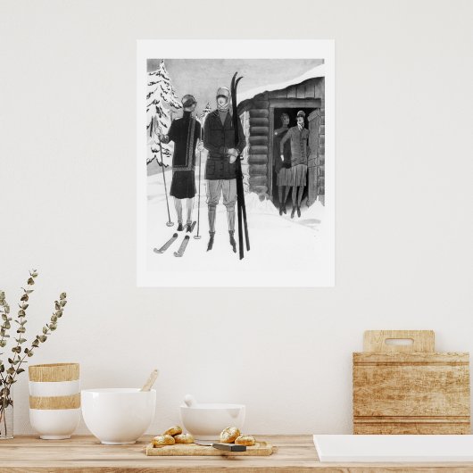 1920年代のおしゃれ女性のスキー旅行BW ポスター (キッチン)