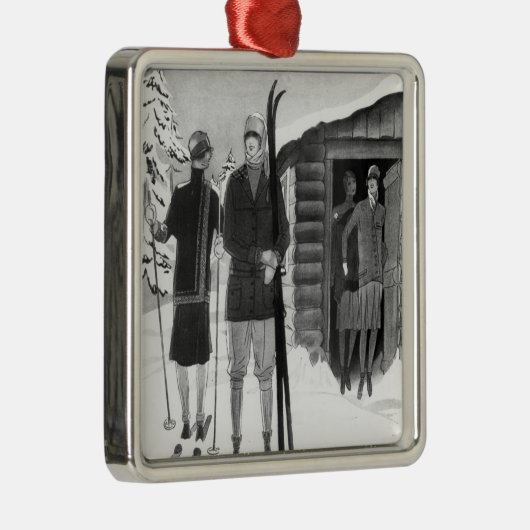 1920年代のおしゃれ女性のスキー旅行BW メタルオーナメント (右)