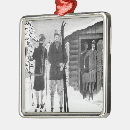 1920年代のおしゃれ女性のスキー旅行BW メタルオーナメント (左)