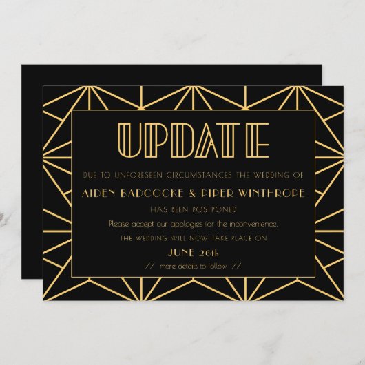 1920年代のアートデコスタイルの延期された結婚式の最新情報 招待状 (正面/裏面)