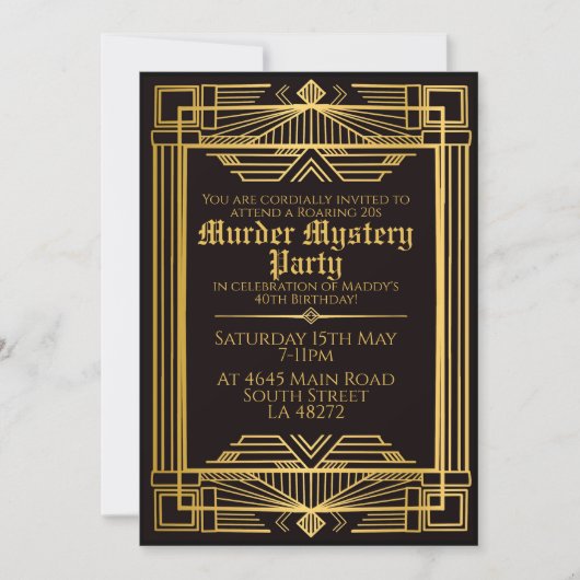 1920年代のアートデコ殺人ミステリー誕生日パーティー 招待状 (正面)