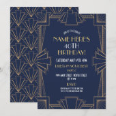 1920年代のアートデコ・ガツビー・バースデーパーティー ネイビー＆ゴールド 招待状 (正面/裏面)