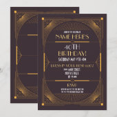 1920年代のアートデコ バースデー ガツビーパーティー ブラック＆ゴールド 招待状 (正面/裏面)