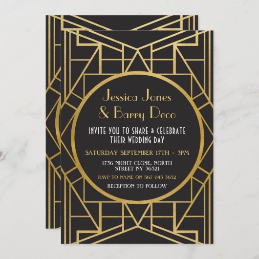 1920年代のアールデコギャツビー素晴らし20年代のウェディング招待 招待状 (正面/裏面)