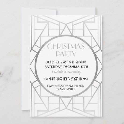1920年代のアールデコギャツビー20年代のクリスマスパーティーシルバー 招待状 (正面)