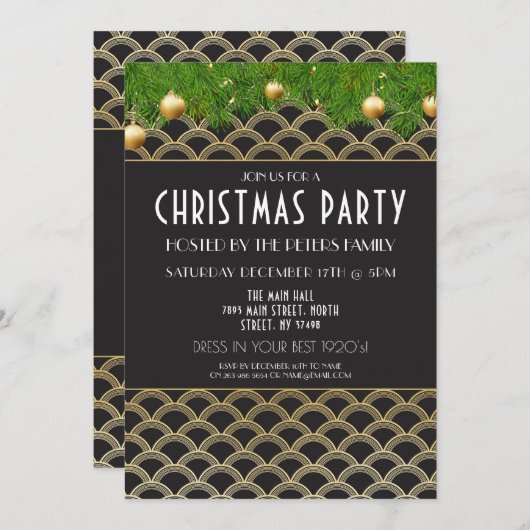 1920年代のアールデコクリスマスギャツビーパーティの招待状 招待状 (正面/裏面)