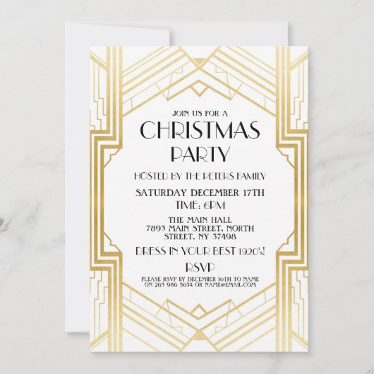 1920年代のアールデコクリスマス招待状ギャツビーパーティー金ゴールド 招待状 (正面)