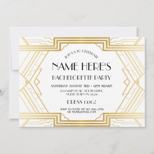 1920年代のアールデコブライダルシャワーバチェロレッテ 招待状 (正面)