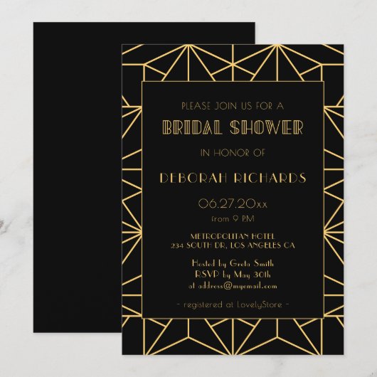 1920年代のアールデコ幾何学模様のヴィンテージ ブライズシャワー 招待状 (正面/裏面)