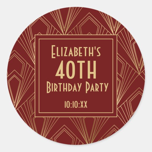 1920年代のアールデコ様式のバーガンディ＆ゴールドの誕生日パーティー ラウンドシール (正面)