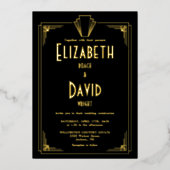 1920年代のアールデコ結婚写真の白黒 箔招待状 (正面)