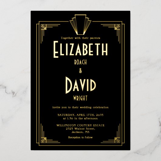 1920年代のアールデコ結婚写真の白黒 箔招待状 (正面)