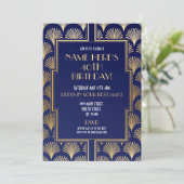 1920年代のアールデコ誕生日ギャツビーパーティーネイビー&金ゴールド 招待状 (スタンド正面)