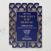 1920年代のアールデコ誕生日ギャツビーパーティーネイビー&金ゴールド 招待状 (正面/裏面)