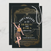 1920年代のアールデコ誕生日ギャツビーパーティーブラック&金ゴールド 招待状 (正面/裏面)